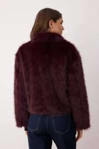 TRENDYOLMİLLA Burgundy Regular Pattern Fur Biker Jacket Coat - Image 5