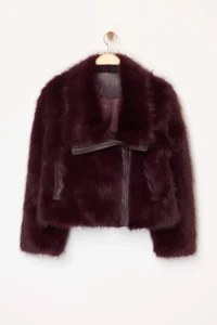 TRENDYOLMİLLA Burgundy Regular Pattern Fur Biker Jacket Coat - Image 6