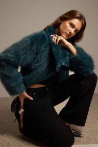 TRENDYOLMİLLA Green Regular Pattern Fur Biker Jacket Coat