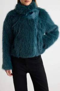 TRENDYOLMİLLA Green Regular Pattern Fur Biker Jacket Coat - Image 5