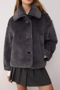TRENDYOLMİLLA Anthracite Oversized Pattern Plush Coat - Image 3