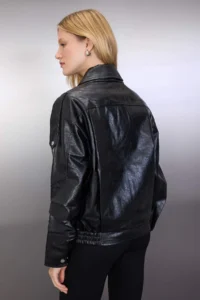 TRENDYOLMİLLA Black Regular Pattern Faux Leather Shiny Biker Thin Jacket Coat - Image 5