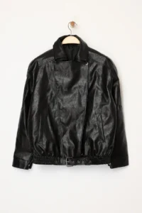 TRENDYOLMİLLA Black Regular Pattern Faux Leather Shiny Biker Thin Jacket Coat - Image 6