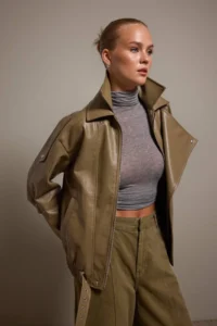 TRENDYOLMİLLA Khaki Oversized Pattern Faux Leather Shiny Biker Thin Jacket Coat