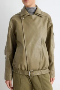 TRENDYOLMİLLA Khaki Oversized Pattern Faux Leather Shiny Biker Thin Jacket Coat - Image 4
