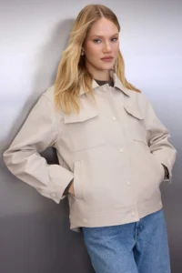 TRENDYOLMİLLA Ecru Oversized Pattern Skirt Ucu removable Faux Leather Thin Jacket Coat
