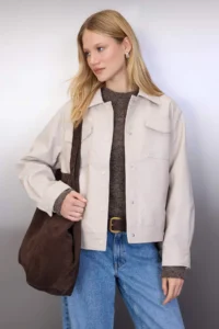 TRENDYOLMİLLA Ecru Oversized Pattern Skirt Ucu removable Faux Leather Thin Jacket Coat - Image 2
