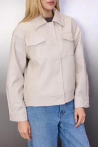 TRENDYOLMİLLA Ecru Oversized Pattern Skirt Ucu removable Faux Leather Thin Jacket Coat - Image 3