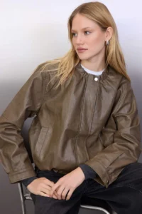 TRENDYOLMİLLA Khaki Regular Pattern Faux Leather Thin Jacket Coat