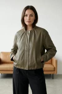 TRENDYOLMİLLA Khaki Regular Pattern Faux Leather Thin Jacket Coat - Image 2