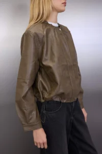 TRENDYOLMİLLA Khaki Regular Pattern Faux Leather Thin Jacket Coat - Image 4