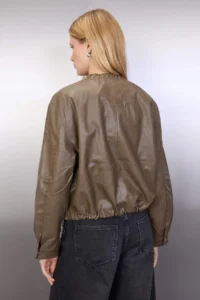 TRENDYOLMİLLA Khaki Regular Pattern Faux Leather Thin Jacket Coat - Image 5
