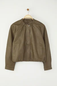 TRENDYOLMİLLA Khaki Regular Pattern Faux Leather Thin Jacket Coat - Image 6