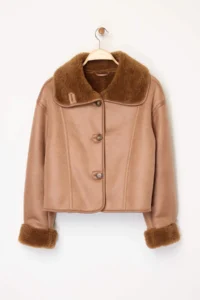 TRENDYOLMİLLA Camel Oversized Pattern Plush Detailed Suede Coat - Image 6