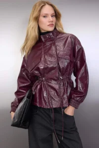 TRENDYOLMİLLA Burgundy Regular Pattern Belden Shirred Shiny Thin Jacket Coat - Image 2