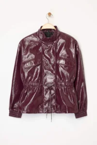 TRENDYOLMİLLA Burgundy Regular Pattern Belden Shirred Shiny Thin Jacket Coat - Image 5