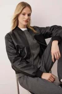 TRENDYOLMİLLA Black Regular Pattern Faux Leather Bomber Jacket Thin Jacket Coat