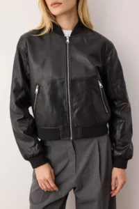 TRENDYOLMİLLA Black Regular Pattern Faux Leather Bomber Jacket Thin Jacket Coat - Image 3