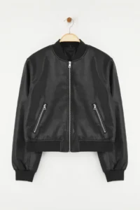 TRENDYOLMİLLA Black Regular Pattern Faux Leather Bomber Jacket Thin Jacket Coat - Image 5