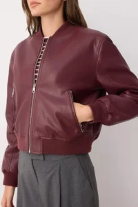 TRENDYOLMİLLA Burgundy Regular Pattern Faux Leather Bomber Jacket Thin Jacket Coat - Image 3