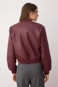 TRENDYOLMİLLA Burgundy Regular Pattern Faux Leather Bomber Jacket Thin Jacket Coat - Image 4