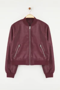 TRENDYOLMİLLA Burgundy Regular Pattern Faux Leather Bomber Jacket Thin Jacket Coat - Image 5