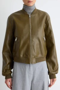 TRENDYOLMİLLA Khaki Regular Pattern Faux Leather Bomber Jacket Thin Jacket Coat - Image 3