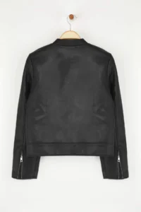 TRENDYOLMİLLA Black Fitted Pattern Faux Leather Biker Thin Jacket Coat - Image 8