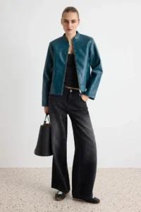 TRENDYOLMİLLA Petrol Green Fitted Pattern Faux Leather Biker Thin Jacket Coat - Image 2