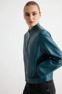 TRENDYOLMİLLA Petrol Green Fitted Pattern Faux Leather Biker Thin Jacket Coat - Image 3