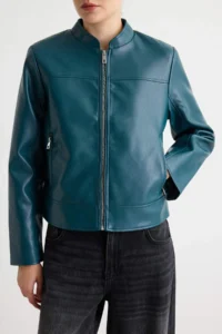 TRENDYOLMİLLA Petrol Green Fitted Pattern Faux Leather Biker Thin Jacket Coat - Image 4