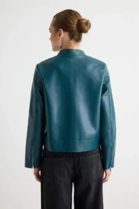 TRENDYOLMİLLA Petrol Green Fitted Pattern Faux Leather Biker Thin Jacket Coat - Image 5