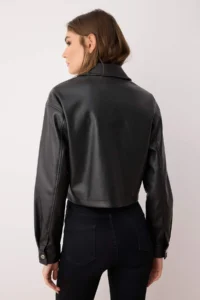 TRENDYOLMİLLA Black Regular Pattern Faux Leather Thin Jacket Coat - Image 5