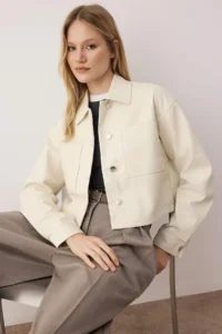 TRENDYOLMİLLA Ecru Regular Pattern Faux Leather Thin Jacket Coat
