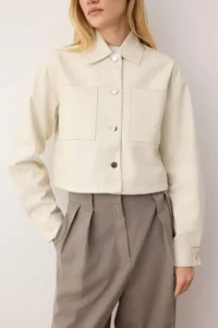 TRENDYOLMİLLA Ecru Regular Pattern Faux Leather Thin Jacket Coat - Image 3