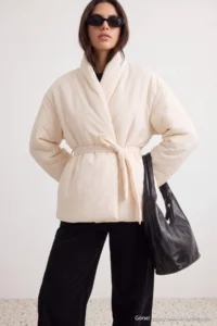 TRENDYOLMİLLA Ecru Oversized Pattern Binding Detailed Puffer Jacket Coat - Image 2