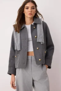 TRENDYOLMİLLA Gray Regular Pattern Bowl Knitwear Pocket Detail Thin Jacket Coat - Image 2