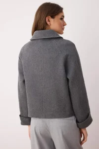 TRENDYOLMİLLA Gray Regular Pattern Bowl Knitwear Pocket Detail Thin Jacket Coat - Image 3