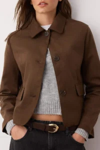 TRENDYOLMİLLA Brown Regular Pattern Suede Thin Jacket Coat - Image 3