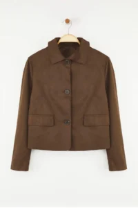 TRENDYOLMİLLA Brown Regular Pattern Suede Thin Jacket Coat - Image 5