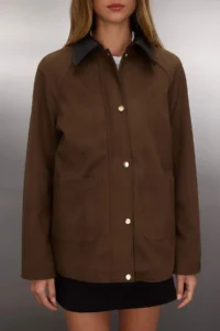 TRENDYOLMİLLA Brown Regular Pattern Collar Faux Leather Detailed Suede Thin Jacket Coat - Image 3