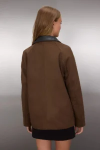 TRENDYOLMİLLA Brown Regular Pattern Collar Faux Leather Detailed Suede Thin Jacket Coat - Image 4