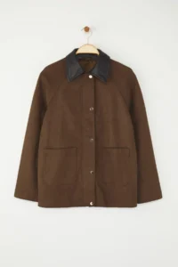 TRENDYOLMİLLA Brown Regular Pattern Collar Faux Leather Detailed Suede Thin Jacket Coat - Image 5