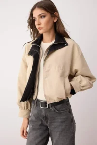 TRENDYOLMİLLA Beige Collar Contrast Color Detailed Thin Jacket Coat - Image 2