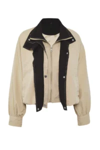 TRENDYOLMİLLA Beige Collar Contrast Color Detailed Thin Jacket Coat - Image 5