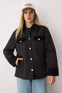 TRENDYOLMİLLA Black Oversized Pattern Collar Velvet Detailed fibrous Thin Jacket Coat - Image 2