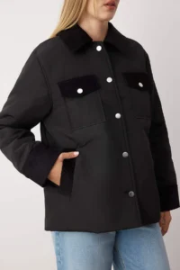 TRENDYOLMİLLA Black Oversized Pattern Collar Velvet Detailed fibrous Thin Jacket Coat - Image 4