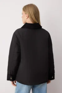 TRENDYOLMİLLA Black Oversized Pattern Collar Velvet Detailed fibrous Thin Jacket Coat - Image 5