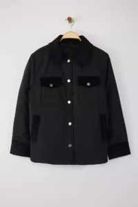 TRENDYOLMİLLA Black Oversized Pattern Collar Velvet Detailed fibrous Thin Jacket Coat - Image 6