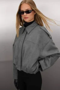 TRENDYOLMİLLA Anthracite Oversized Pattern Suede Bomber Jacket Thin Jacket Coat